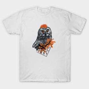 Owl Clock Orange & Grey Color Art T-Shirt